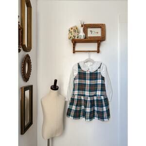 plaid sleeveless jumper with white ruffle peter pan collar top